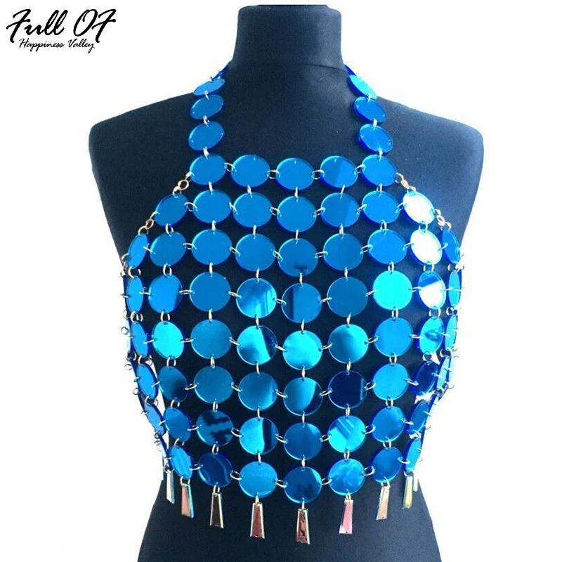 

Sexy Metal Chest chain Sequins Crop Tops Women Hollow Tassel Summer Beach Short Bing Night club Party Halter Cropped Tank Top HL