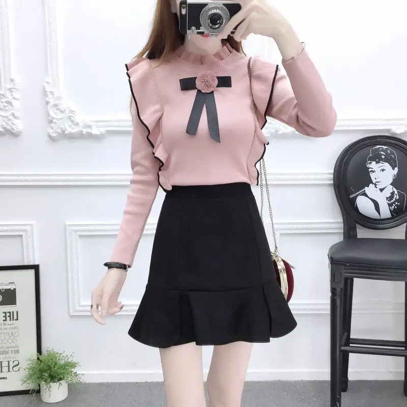 Женский винтажный комплект из 2 предметов свитер с оборками и юбка F74| |