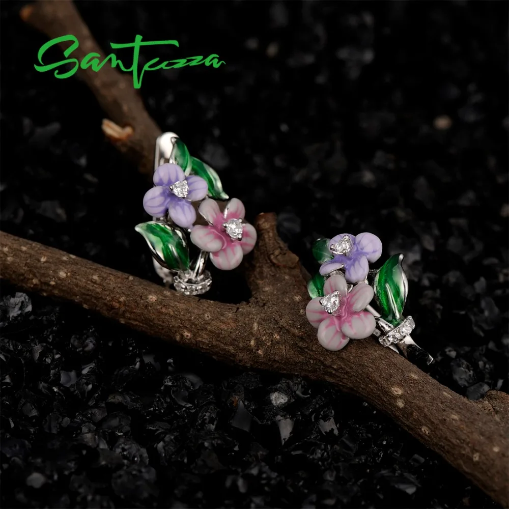 SANTUZZA Jewelry Set For Women 925 Sterling Silver Delicate Pink Flower Ring Earrings Pendant Fashion Jewelry HANDMADE Enamel