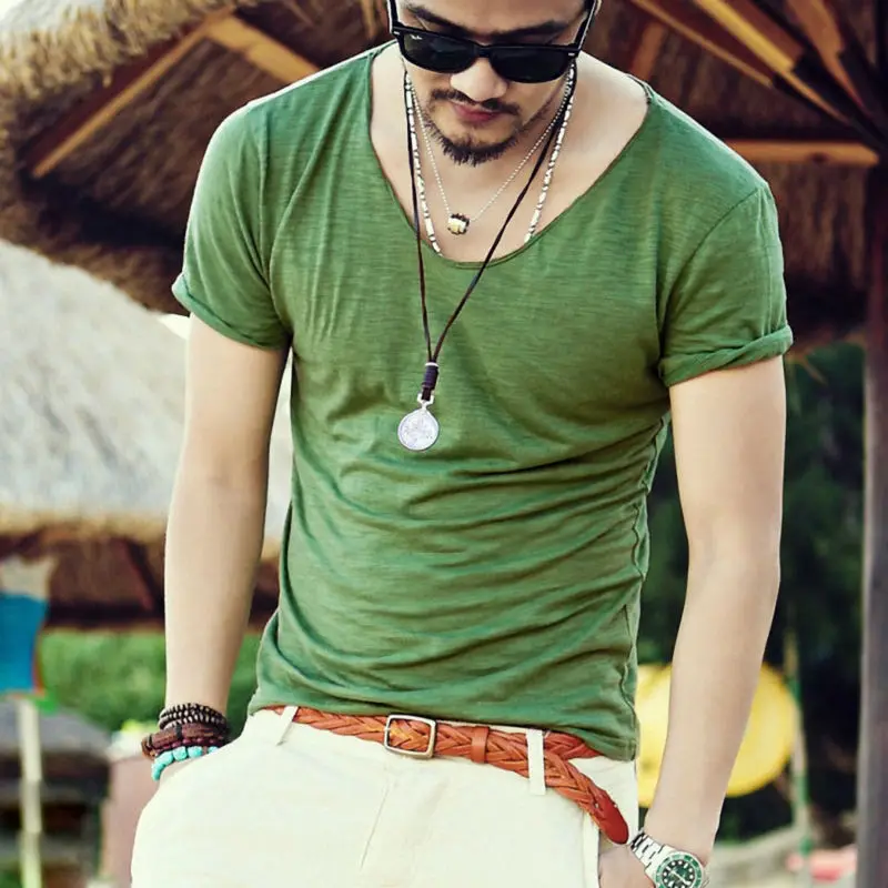 Новый бренд Slim Fit T-Shirt Мужская Милая футболка с вырезом хлопок дышащие мужские