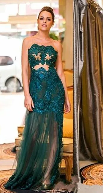 Элегантный Темно-Зеленый Без Бретелек Линии Вечерние Платья Аппликации Открыть
