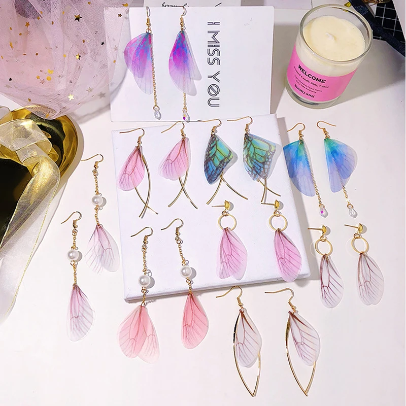 Женские серьги из тюля с жемчугом и крыльями бабочки милые гвоздики