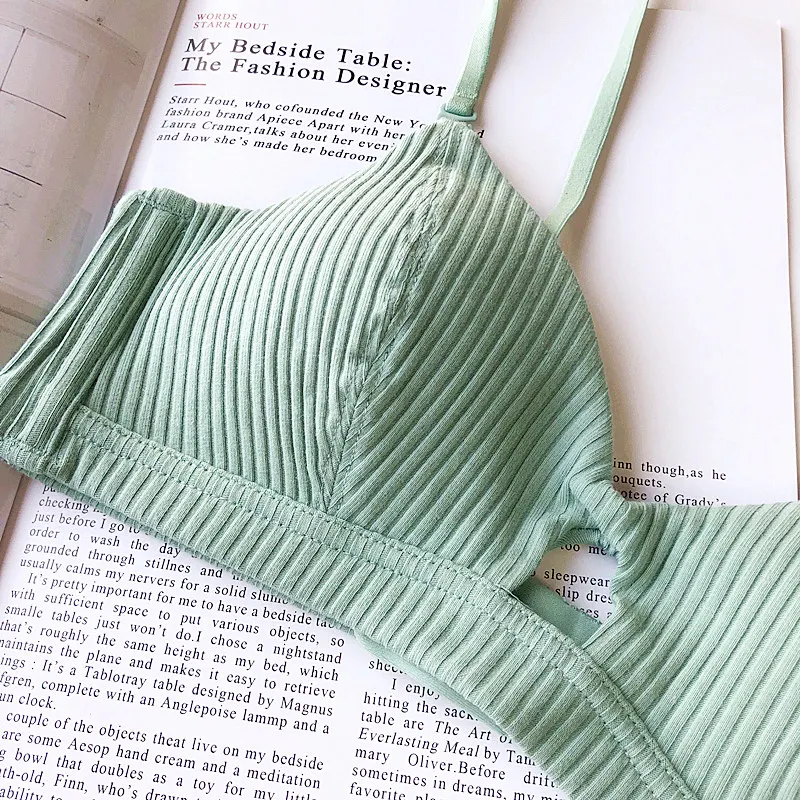 Хлопковый комплект с бюстгальтером, удобное нижнее белье, беспроводное женское нижнее белье, сексуальный комплект с бюстгальтером и трусиками, в полоску, однотонное нижнее белье, модные трусики