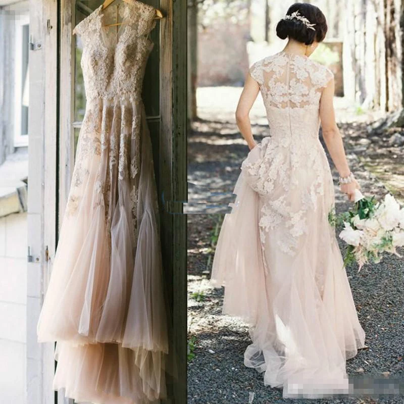 

Boho Blush Pink Country Wedding Dresses 2021 robe de mariee Applique Lace Wedding Gowns Custom Made Western Designer Bride Dress