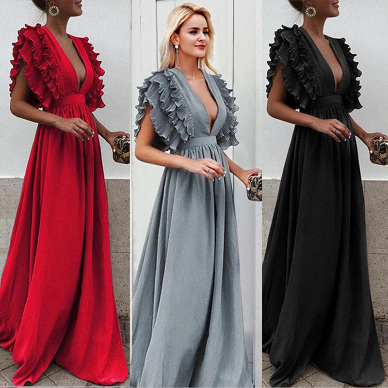 Maxi Summer Women Long V Neck Plus Size Dress S-3XL Ruffle Vestido Butterfly Sleeve Weeding Party Elegant Robe Femme W1097 | Женская