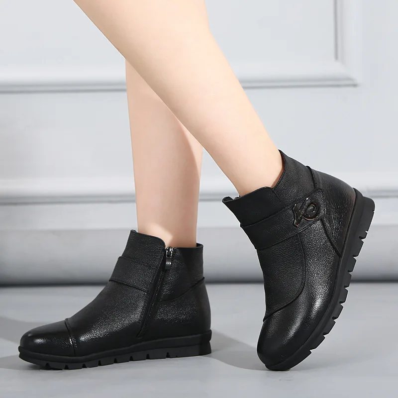 

2019 New Comfort Warm Winter Boots Elegant Fashion Shoes wool Cowhide Leather Boots Women Warm Shoes Flat Non-slip Ankle Boots