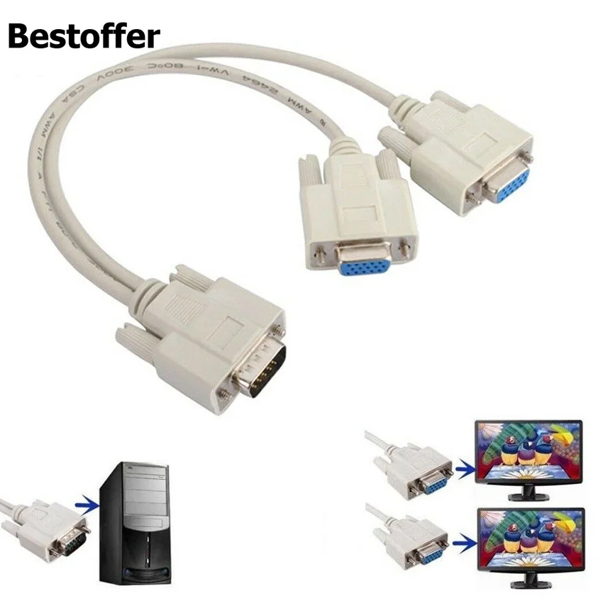 

VGA 1 Male to 2 Female 1 PC TO 2 LCD TV MONITOR SVGA Y SPLITTER 2 PORT CABLE VGA LEAD 15 Pin