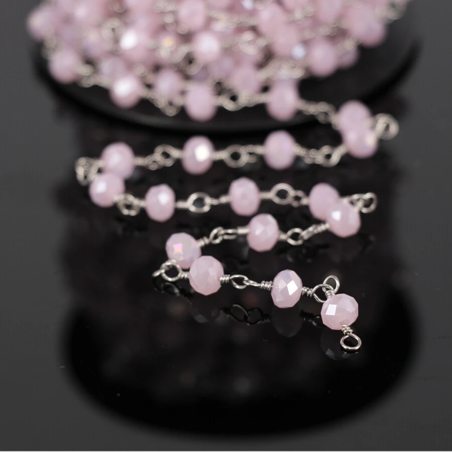 5 метров серебряная цепочка с огранкой из розового хрустального стекла