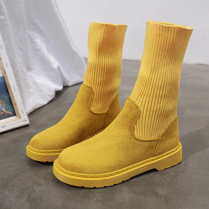 yellow Новые женские носки; сезон осень-зима; студенческие вязаные ботинки без застежки; женские Ботинки martin до середины икры - Цвет: yellow