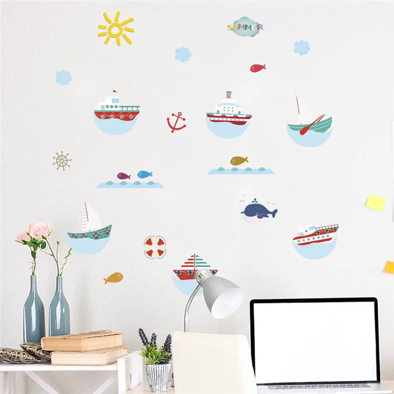 % Мультяшные настенные наклейки с лодкой кораблем рыбками для детской комнаты