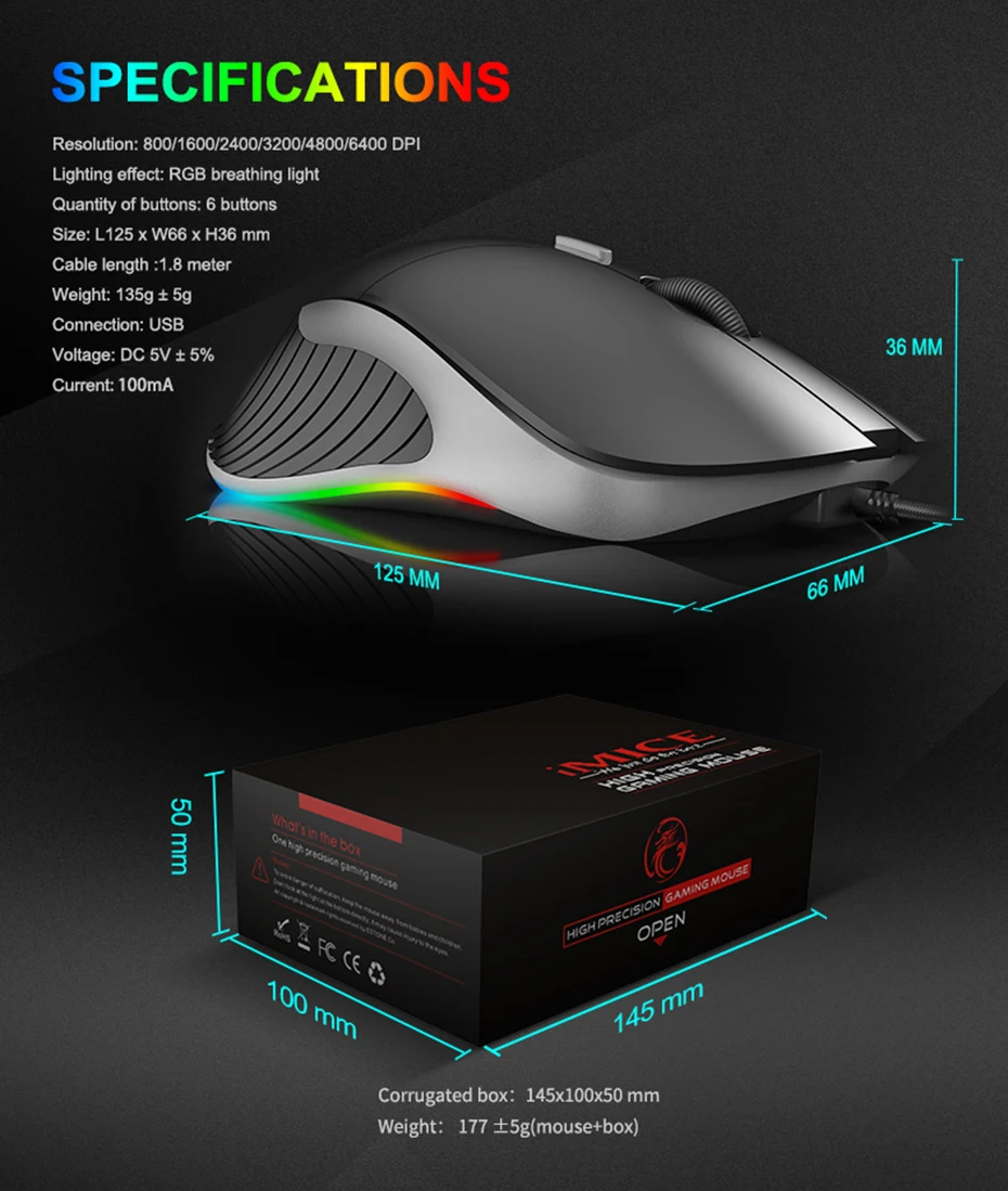 Imice X6 высокая конфигурация USB Проводная игровая мышь компьютерная геймер 6400 точек/дюйм оптическая мышь для ноутбука ПК игровая мышь обновление X7