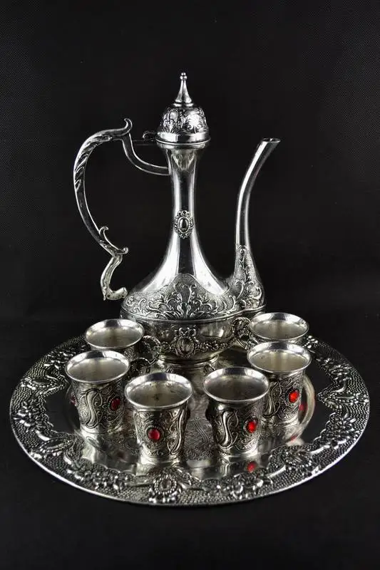 

Collectable Vintage Oriental Tibet Silver Green Porcelain Kettle Teapot sets Garden Decoration 100% real Tibetan Silver Brass
