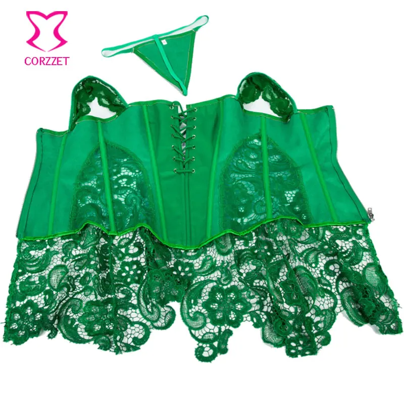 Женское платье с корсетом в стиле панк зеленое кружевное цветочным принтом и