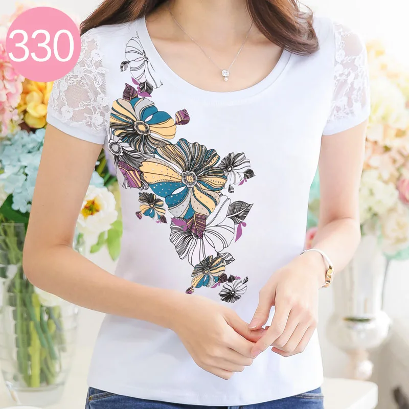 330 Camisetas verano mujer женские Стразы с коротким рукавом футболки женские топы с бриллиантами цветочный принт женские футболки Vetement Femme - Цвет: 330