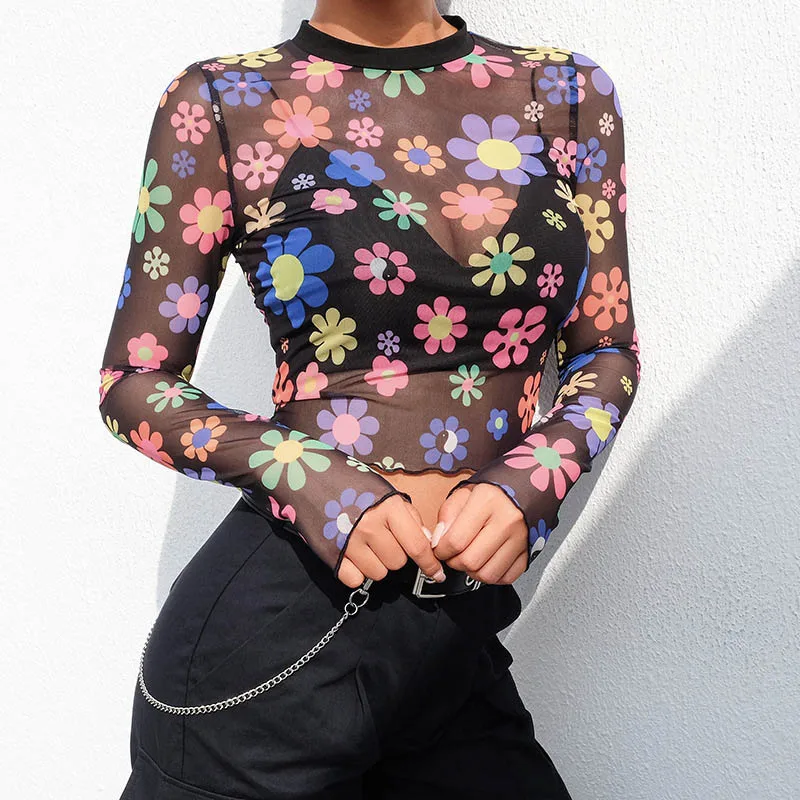 

Newly Women Print t-shirt Transparent Mesh Long Sleeves Skinny Casual Tops m99