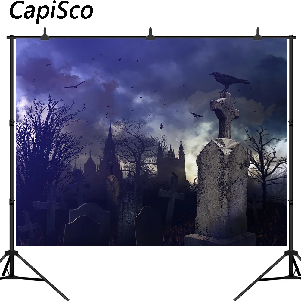 Capisco Cloudy Night Hazy Castle Tree Crow Cemetery Halloween Photography Backdrops Vinyl Custom Backgrounds For Photo Studio |