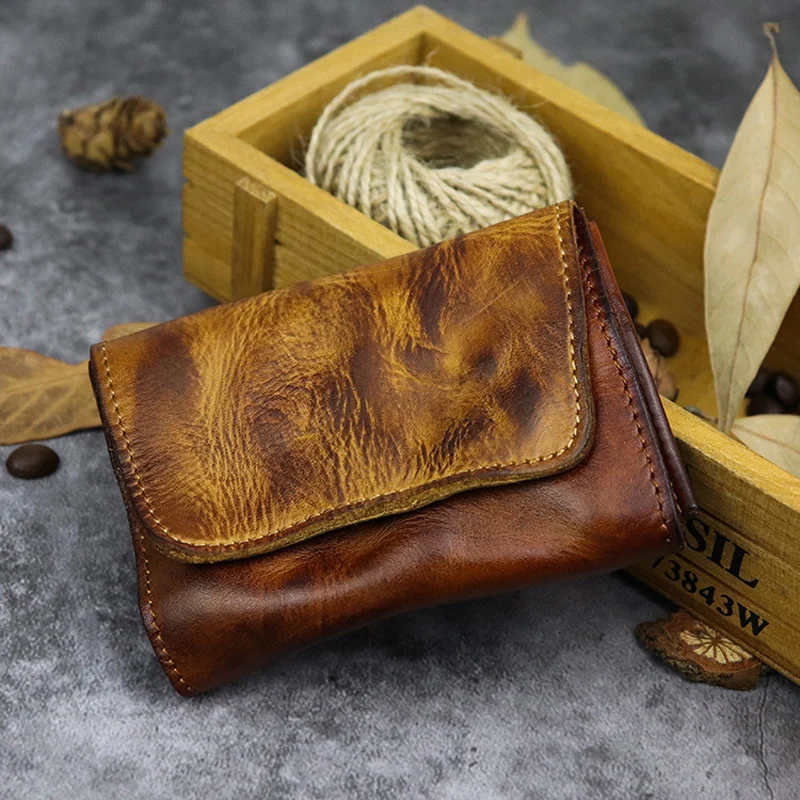 Держатель для карт из натуральной кожи, для мужчин и женщин, винтажный, ручная работа, старый, короткий, сумка для кредитных карт, кошелек для монет, небольшой тонкий кошелек для мужчин