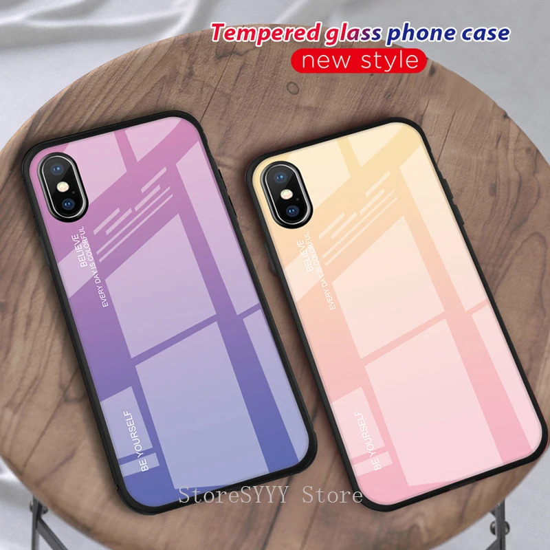 Градиентный чехол из закаленного стекла для iphone 7 8 plus 6 6s деловой Модный xr x xs max
