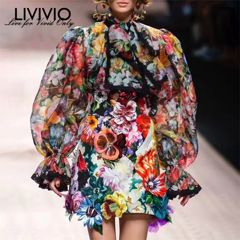[LIVIVIO] винтажные шифоновые рубашки с цветочным принтом блузки для женщин