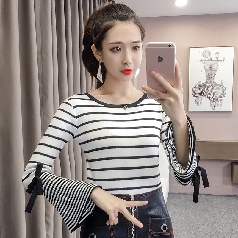 Fashion Women Sweater Knitted Top Striped Flare Long Sleeve Casual Slim Autumn Clothing Elegant Pullovers | Женская одежда