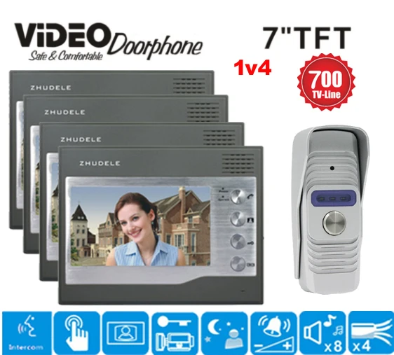 Видеодомофон ZHUDELE Интерком с TFT монитором 7 дюймов 700TVL функцией ночного видения