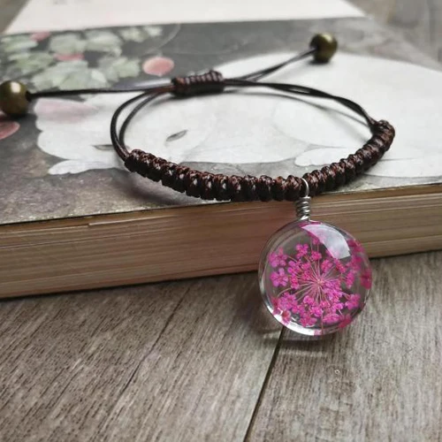 Rose Red 1 шт. новые модные женские браслеты стеклянный шар тканый браслет настоящие сухие цветы плетеные браслеты браслет настоящие семена одуванчика браслеты - Окраска металла: Rose Red