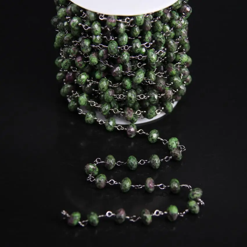 

5Meters/lot,5x8mm Red Green Zoisite Faceted Rondelle Chain,Natural Gems Raw Jaspers Gun Black Plated Rosary Chain