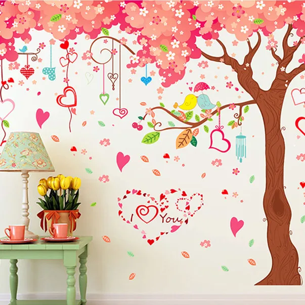 Большой размер XXL мультфильм розовое большое дерево цветной стикер в виде сердца