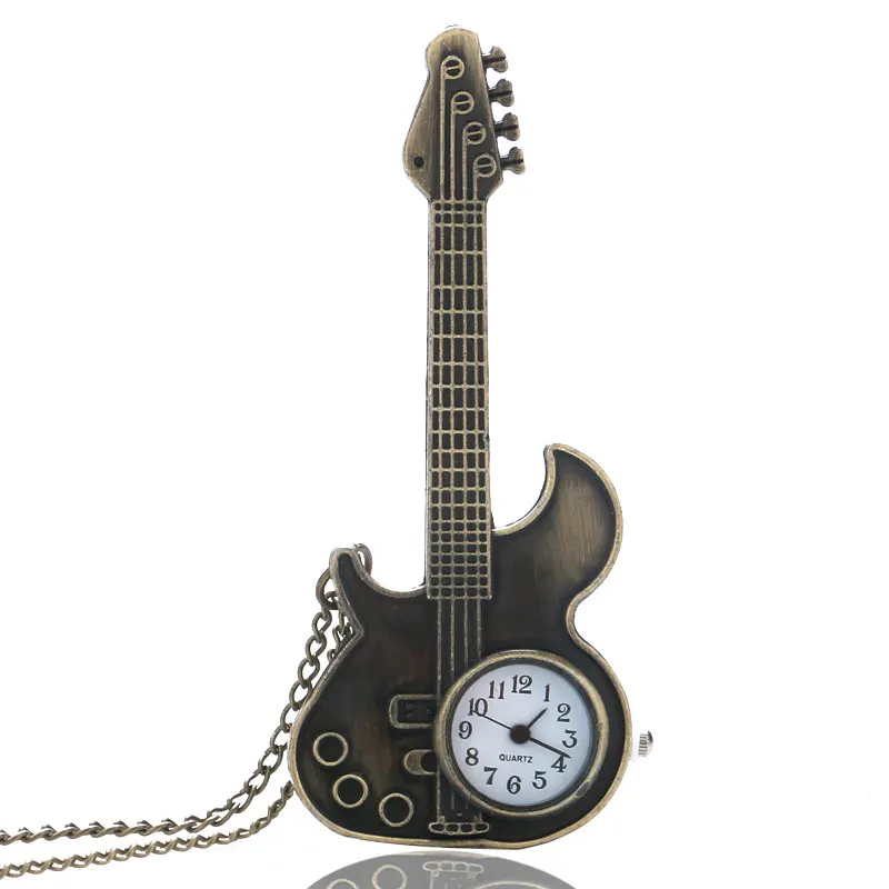 

Antique Bronze Copper Guitar Shape Quartz Pocket Watch Vintage Necklace Pendant Clock for Man Women Gift Reloj De Bolsillo P130