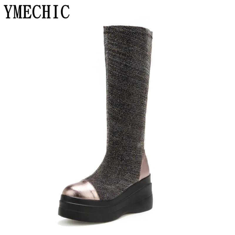 YMECHIC/; осенние Стрейчевые колготки; сапоги до середины икры на высокой платформе в стиле панк; высокие рыцарские сапоги для верховой езды на танкетке; готическая обувь