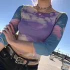 Женский укороченный топ с принтом голубого неба и облаков, прозрачная Повседневная летняя футболка, Сексуальная футболка в стиле пэчворк, сетчатый топ, Camiseta, 2019