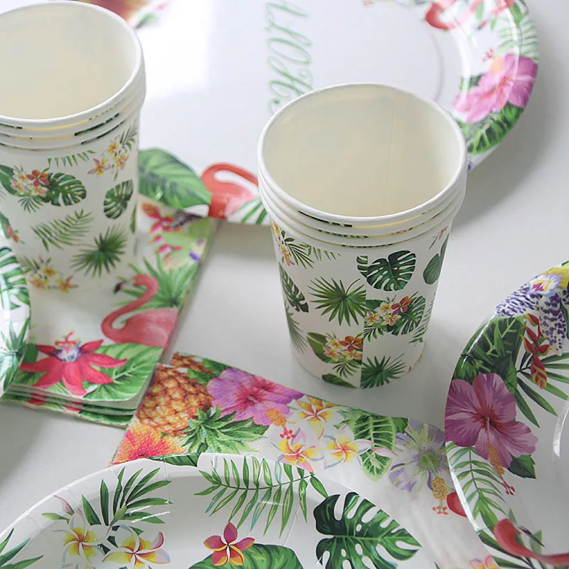 

Summer Tropical Disposable Tableware Green Palm Flamingo Paper Plate Cup Napkin Straw Hawaiian Luau Party Supplies Wedding Decor
