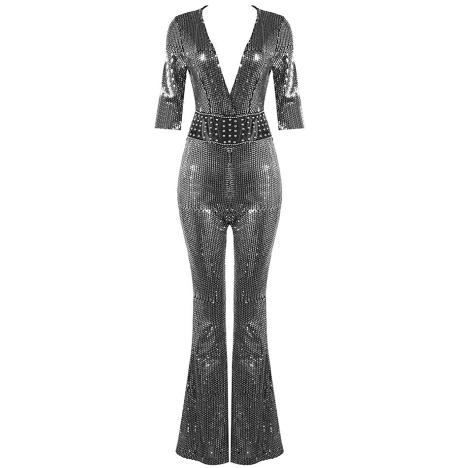 2020 качество серебристый Черный Блестки сексуальный комбинезон с v образным
