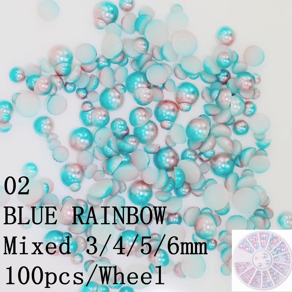 02 BLUE Mix 100pcs Маленькая упаковка радужных полукруглых жемчужин 3 мм 4 мм 5 мм 6 мм с плоской задней частью, имитация рукоделия, свадебные платья, 3D украшения для дизайна ногтей - Цвет: 02 BLUE Mix 100pcs