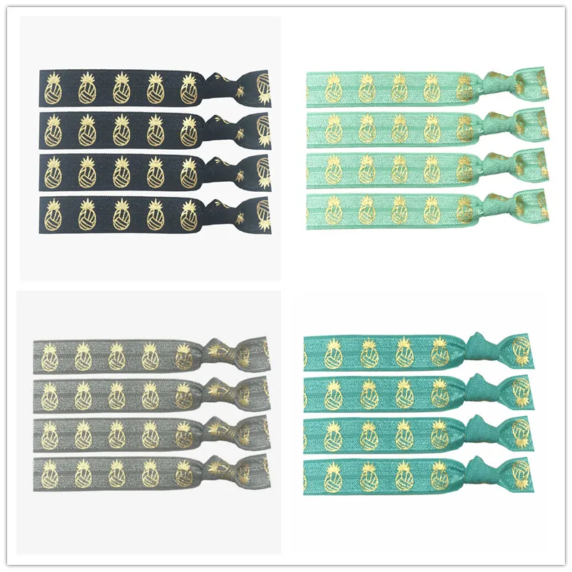 

4 Colors 30pcs 5/8" Pineapple Volleyball Gold Foil Print Hair Band Hair Tie FOE Elastic Band Ponytail Holder Bracelet Wristband