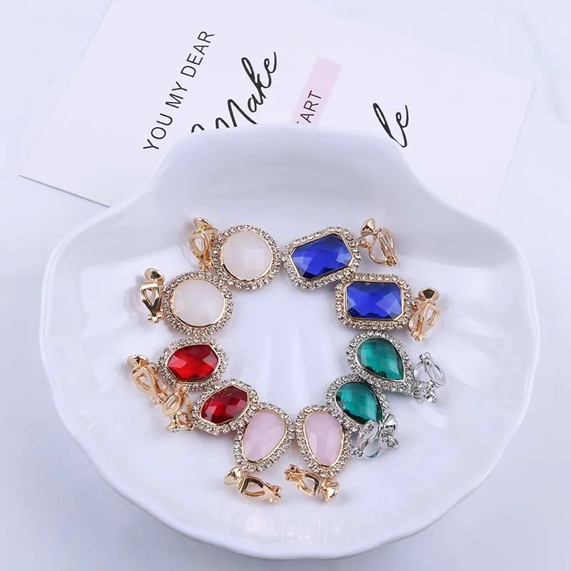 New Arrival Elegant AAA Red Blue Green Pink Crystal Clip On Earrings No Pierced Geometric For Women Party Dangle Chinese Earring images - 6