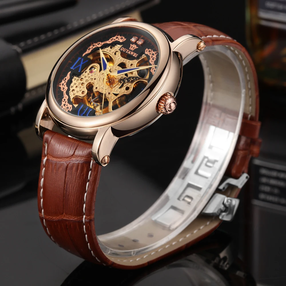 OUYAWEI винтажный дизайн мужские часы Скелет циферблат розовое золото Бабочка