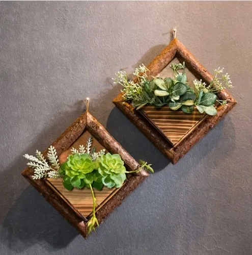 2pcs Короткая настенная ваза деревянный сплошной цвет Искусственный цветок цветной каменный держатель подвесные вазы бонсай для украшения дома ремесла подарок - Цвет: 2pcs