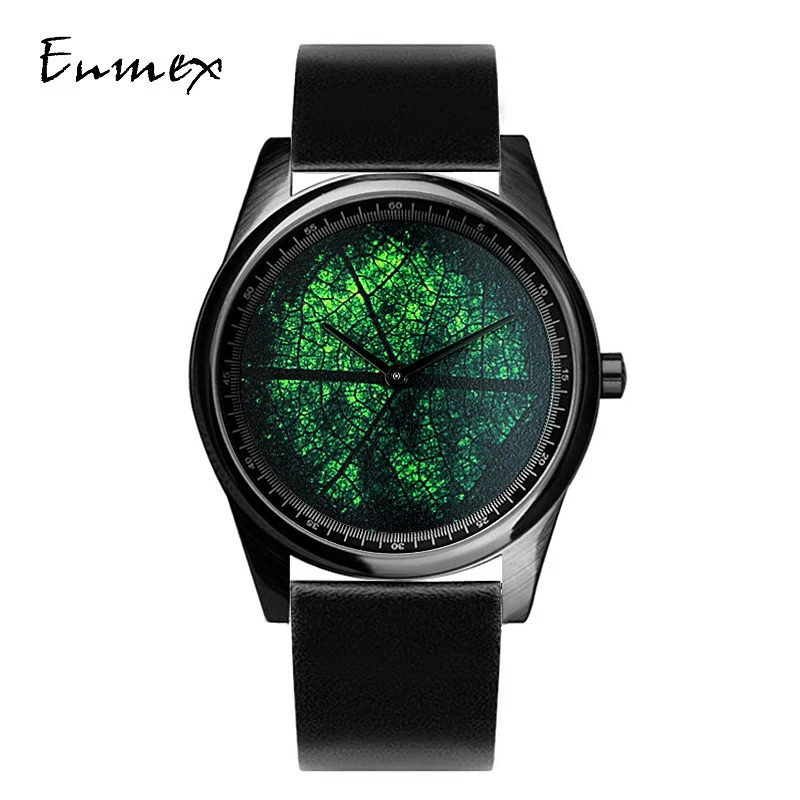 black leather Enmex Дизайнерские наручные часы с 3D листьями, креативный дизайн, нержавеющая сталь, масляная живопись, часы для лица, модные кварцевые часы - Цвет: black leather
