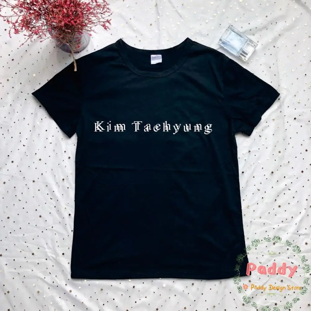 OKOUFEN Kpop Модный Топ Ким тайхюнг Футболка Модные женские топы Эстетическая футболка с коротким рукавом размера плюс футболка Прямая поставка - Цвет: black t white words