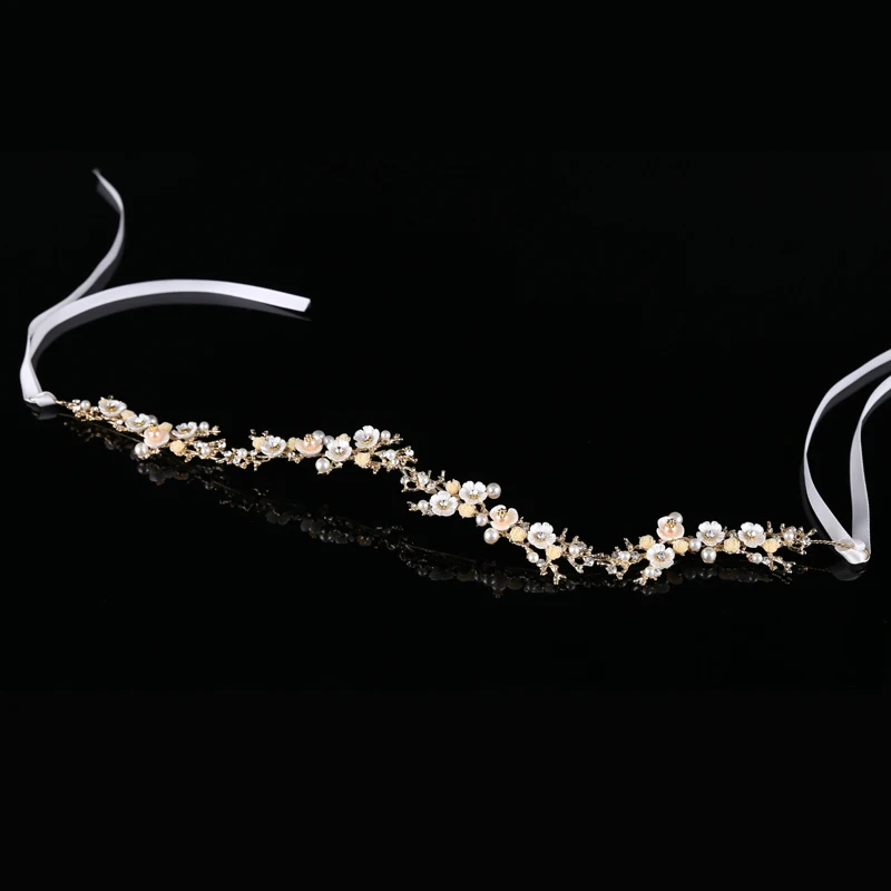 

New Vintage Gold Flower Crystal Pearl Headband Wedding Headpieces Hair Jewelry Handmade Women tiara Bride Hair Accessories FD564