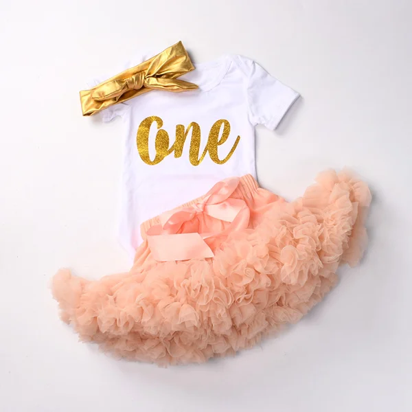 peach1 Комплект одежды для маленьких девочек на первый день рождения, 3 предмета, одежда на первый день рождения, боди, топ, юбка-пачка, комплекты с повязкой на голову - Цвет: peach1