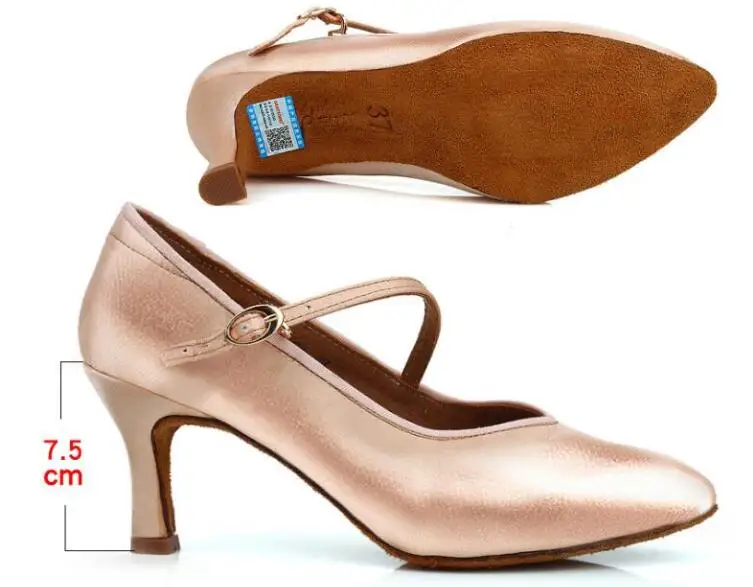 Beige 7.5cm Heel Женская обувь для бальных танцев, латинских танцев, Женская атласная обувь с закрытым носком для сальсы, Танго, вальса, тонкий каблук 5,5 см/6,5 см/7,5 см - Цвет: Beige 7.5cm Heel