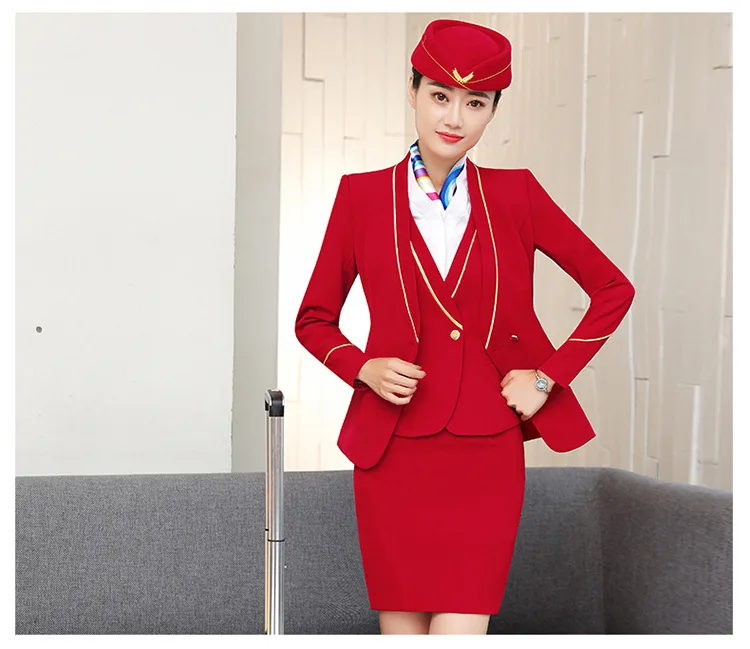 red coat skirt IZICFLY новая официальная деловая стюардная одежда для женщин костюмы офисные комплекты с юбкой стюардесса элегантная рабочая одежда большой размер - Цвет: red coat skirt