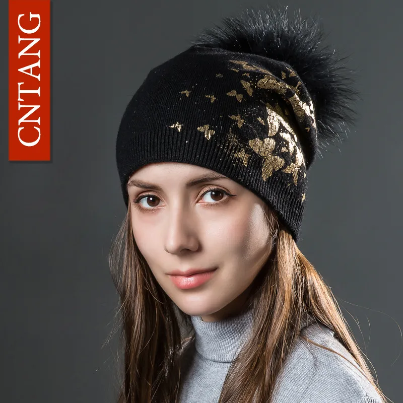 Black Black Pompom CNTANG двойной слои шерсть Bronzing бабочка шапки для женщин зимние теплые трикотажные шапки модные шапочки для натуральный помпоны Мех животных шляпа - Цвет: Black Black Pompom