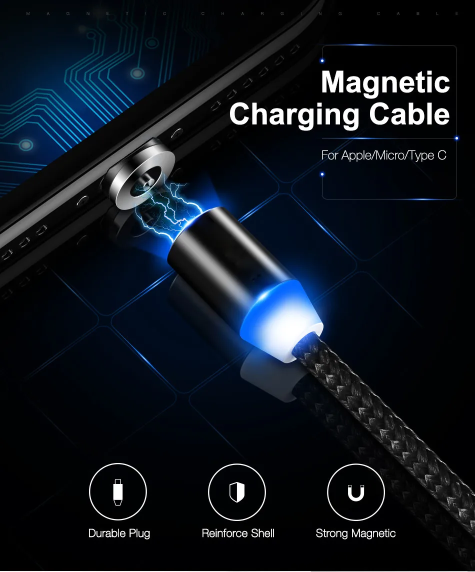 Магнитный светодиодный кабель в оплетке type-C Micro USB Магнитный usb кабель для зарядки Apple iphone X 7 8 6 Xs Max XR samsung s9 шнур