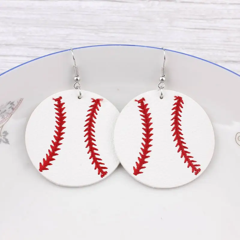 Новинка модные кожаные висячие серьги с вышивкой в виде бейсбола форме капли