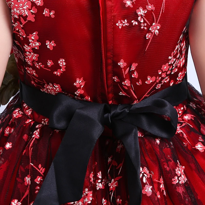 

Short Front Long Back Princess Girls Ball Gown Dress Long Trailing Red Embroidery Floral Girl's Evening dress with Belt JF308