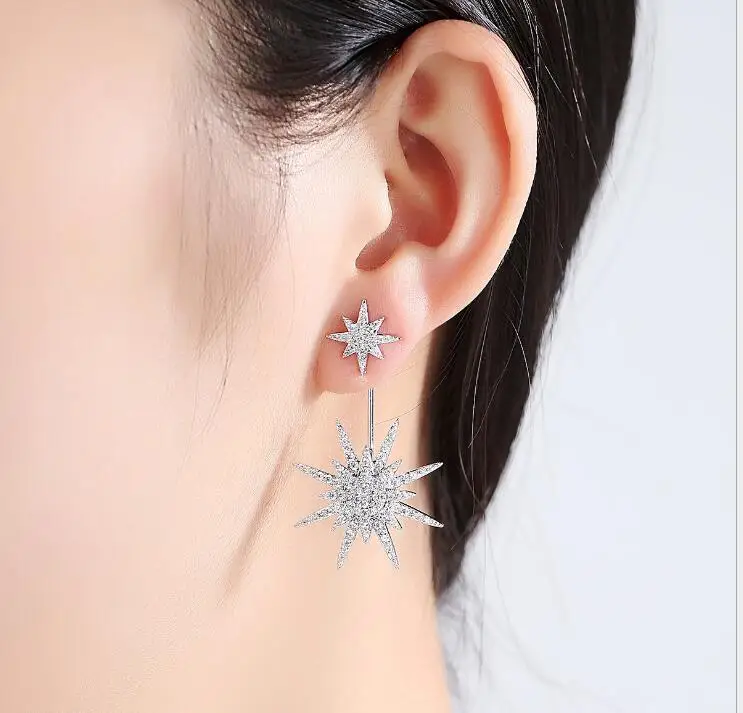 Женские серьги гвоздики с фианитом и кристаллом спереди сзади модные в стиле