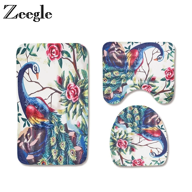 

Zeegle Peacock Printed Bathroom Mat Non-slip Carpet Bathroom 3Pcs Mat For Toilet Bath Carpet Anti-slip Floor Mat Bathroom Rug